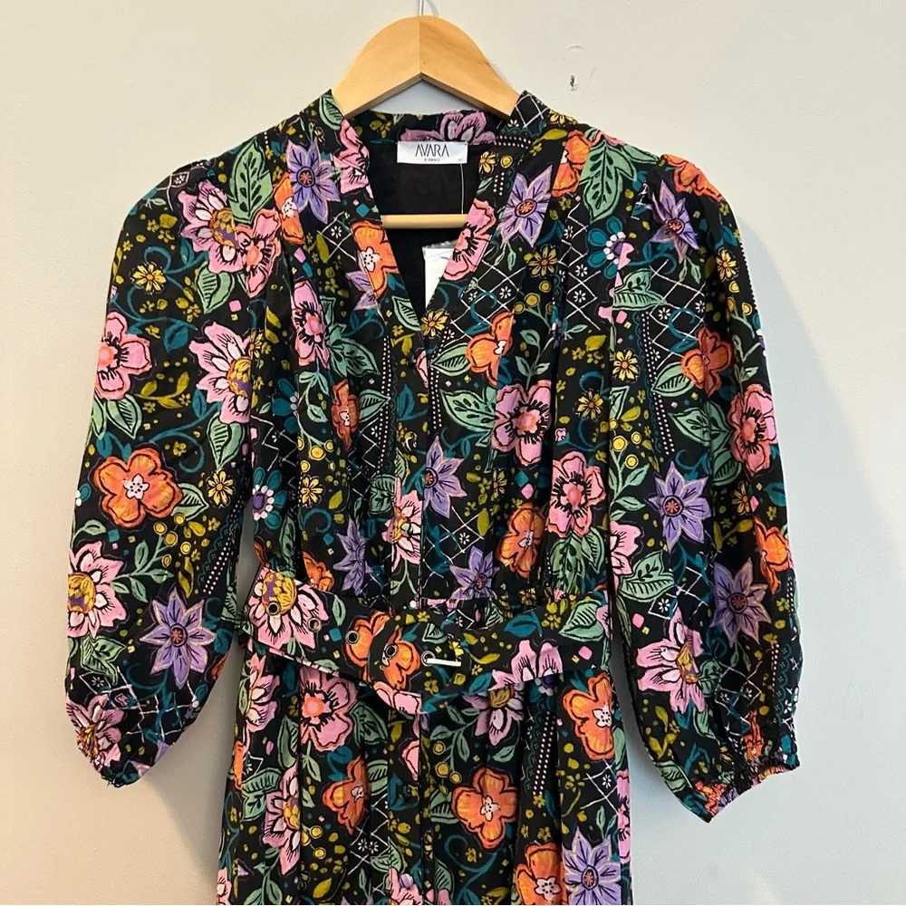 Avara Elena Floral Belted 3/4 Sleeve Mini Dress Black Multicolor Size XS - Picture 6 of 16